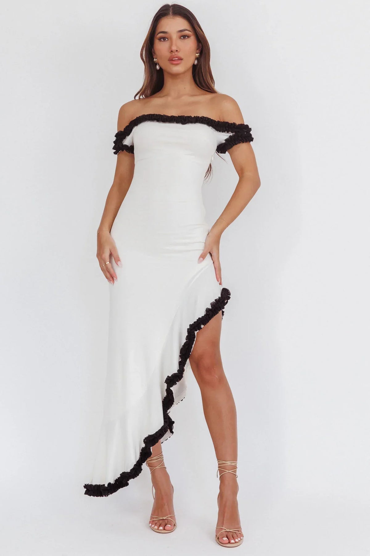 Shake It Off Asymmetric Off-Shoulder Dress Cream
