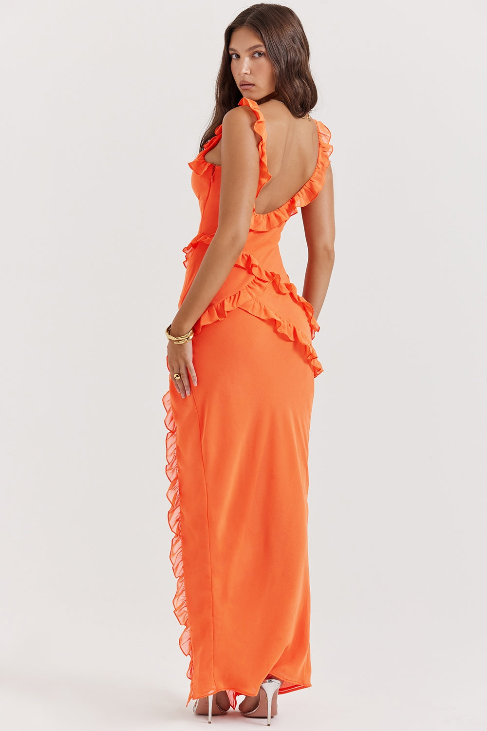 flame orange ruffle maxi dress