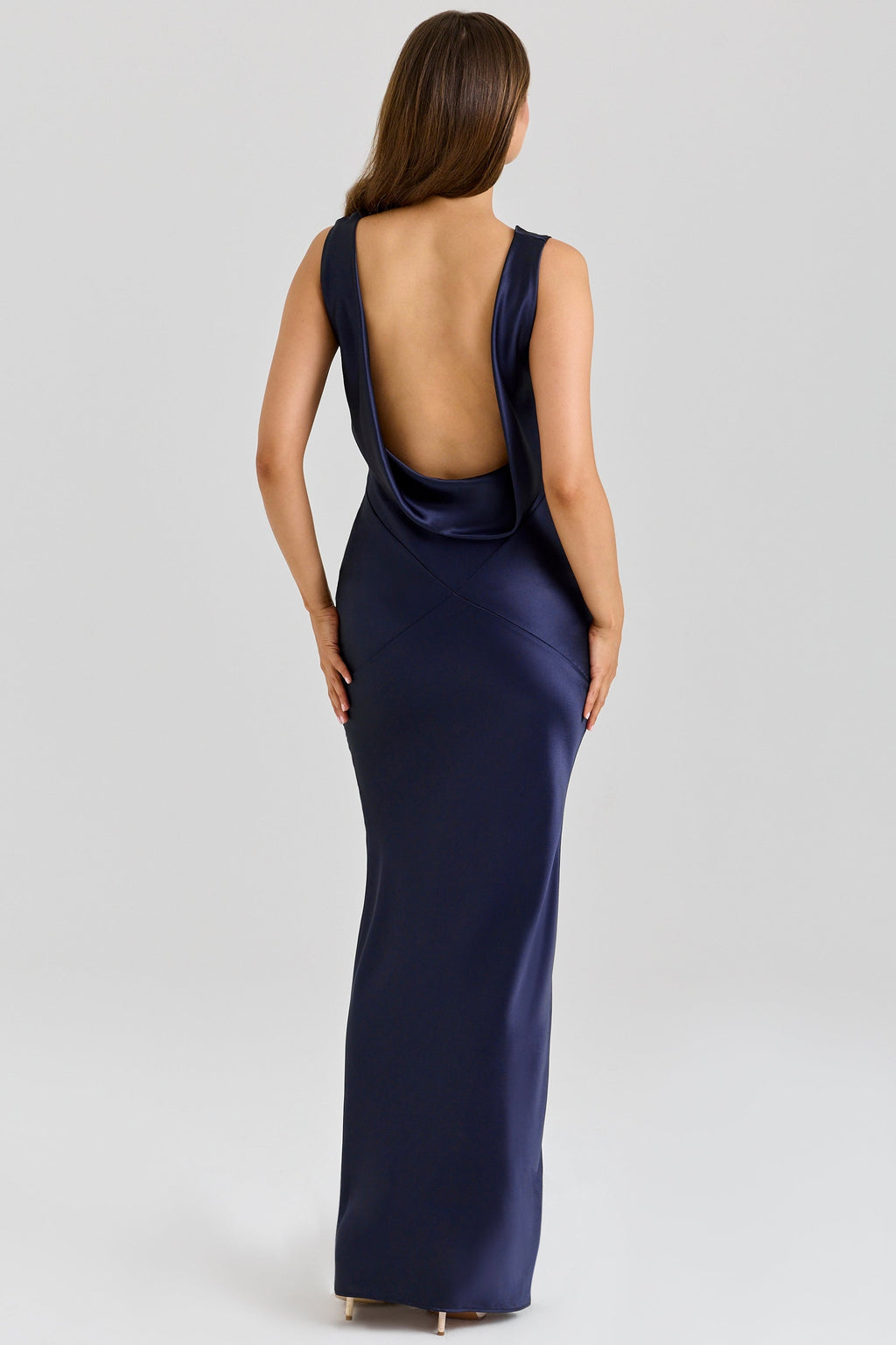 navy satin draped cowl neck maxi dress