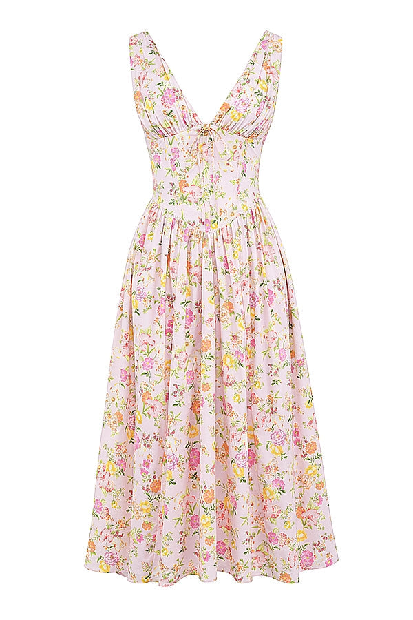 pink meadow print cotton corset sundress