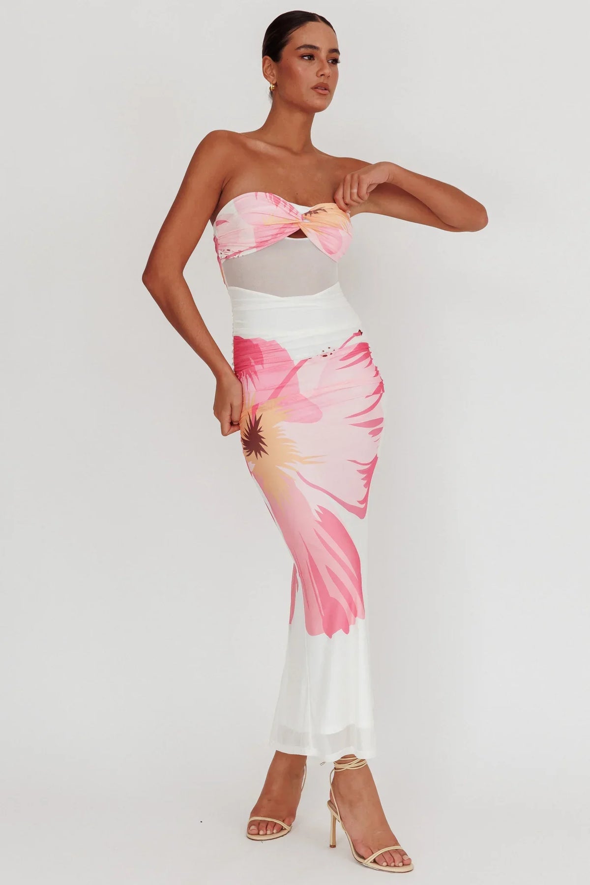 Oliana Sheer Waist Floral Maxi Dress White