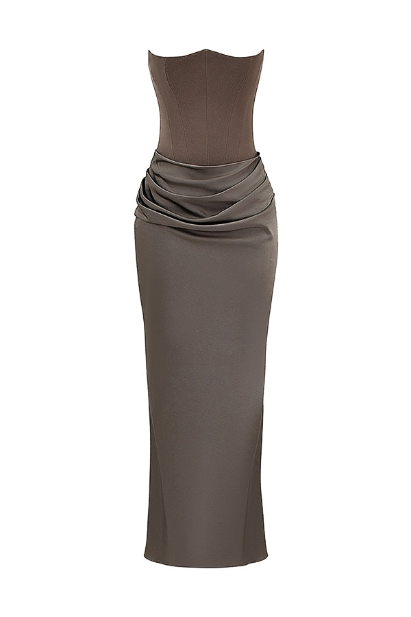 smoke strapless corset maxi dress