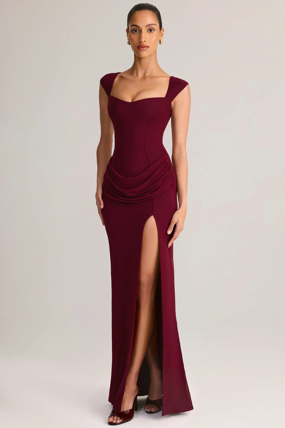 Modal Sweetheart-Neck Cowl-Waist Maxi Dress in Wine
