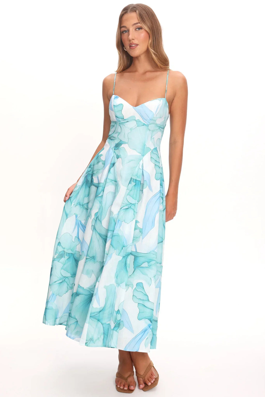 Get My Attention Pleat Waist Maxi Dress Watercolor Green