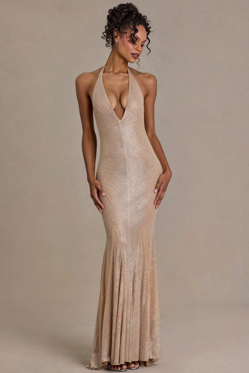 Embellished Plunge-Neck Open-Back Gown in Beige Gold