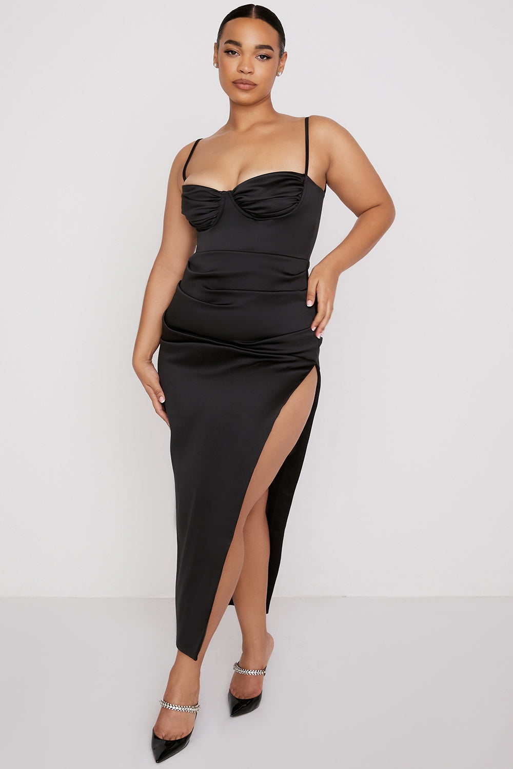 black satin pleated corset midi dress