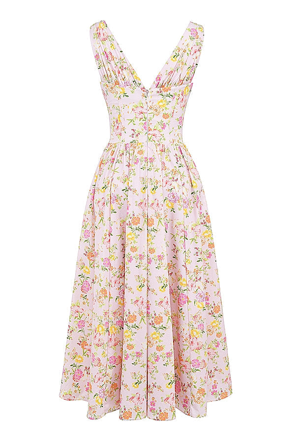 pink meadow print cotton corset sundress