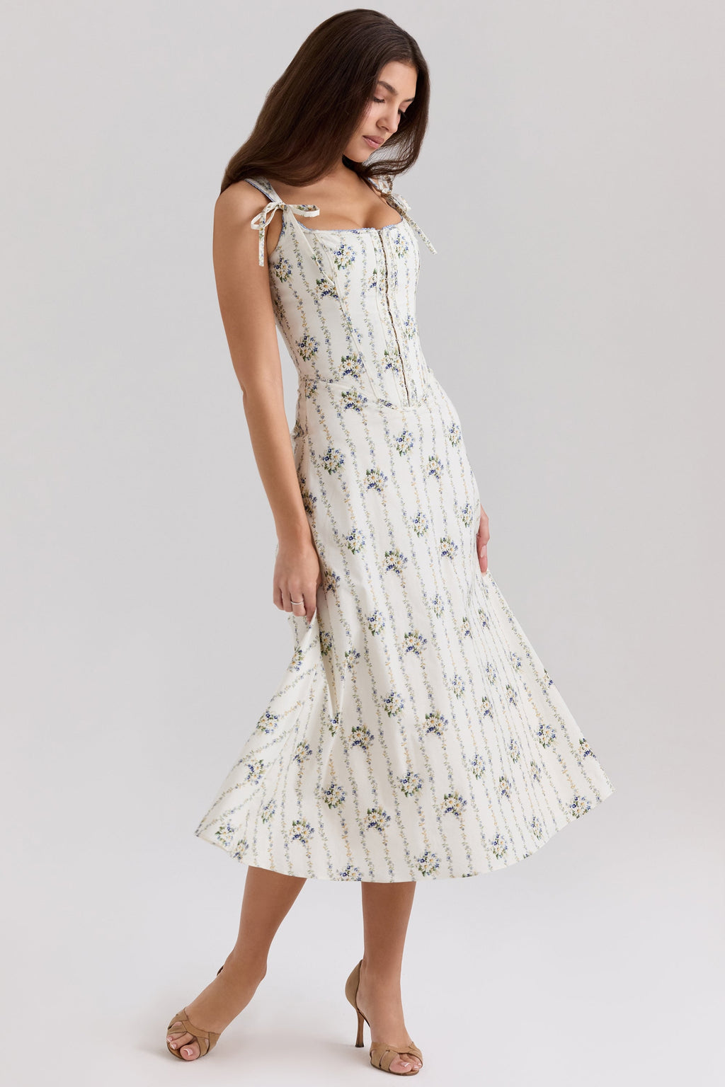 cream daisy print stretch cotton midi dress
