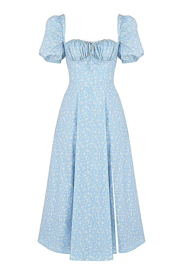 blue ivory floral puff sleeve midi dress