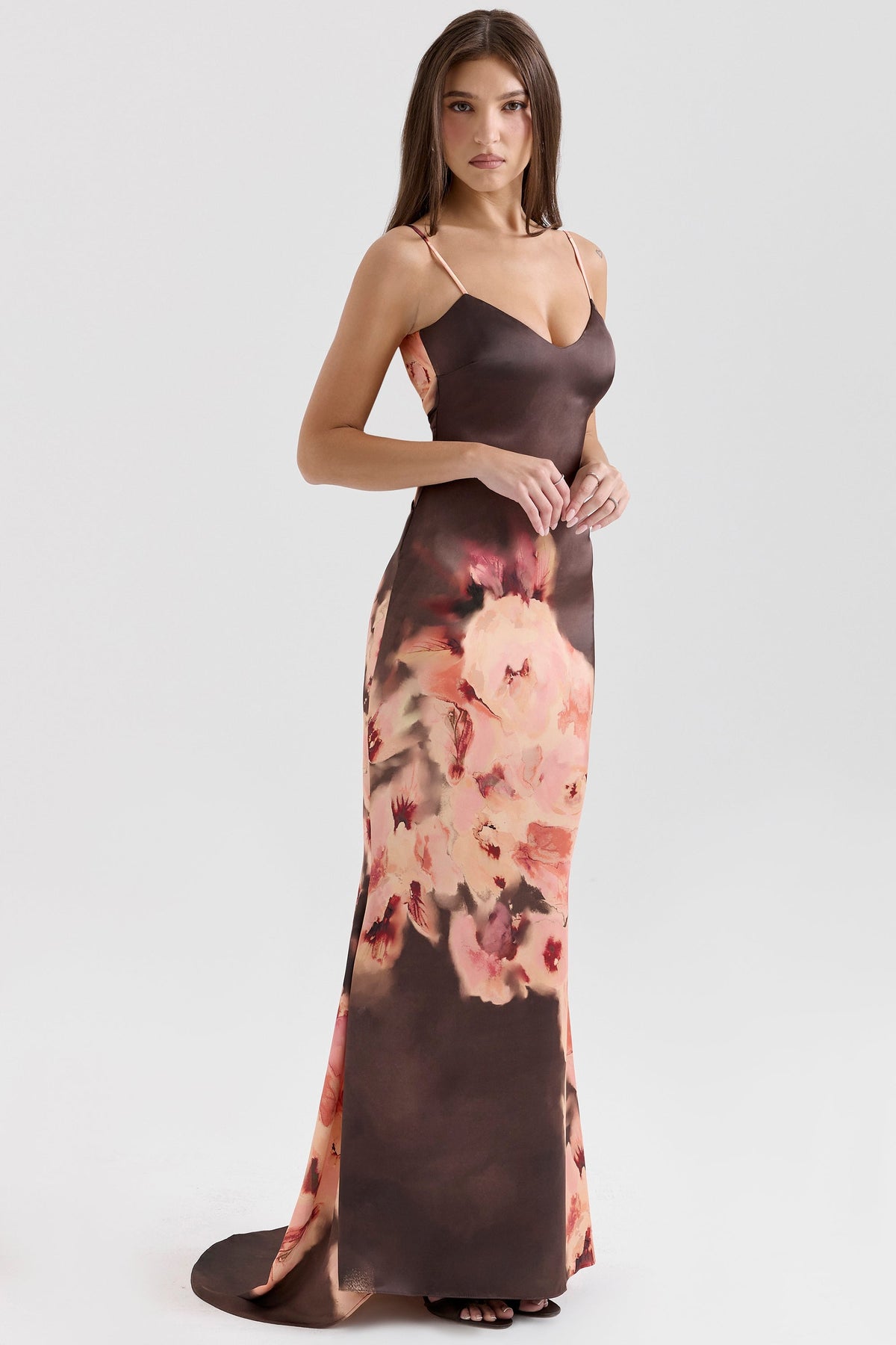 dark brown floral printed satin maxi dress