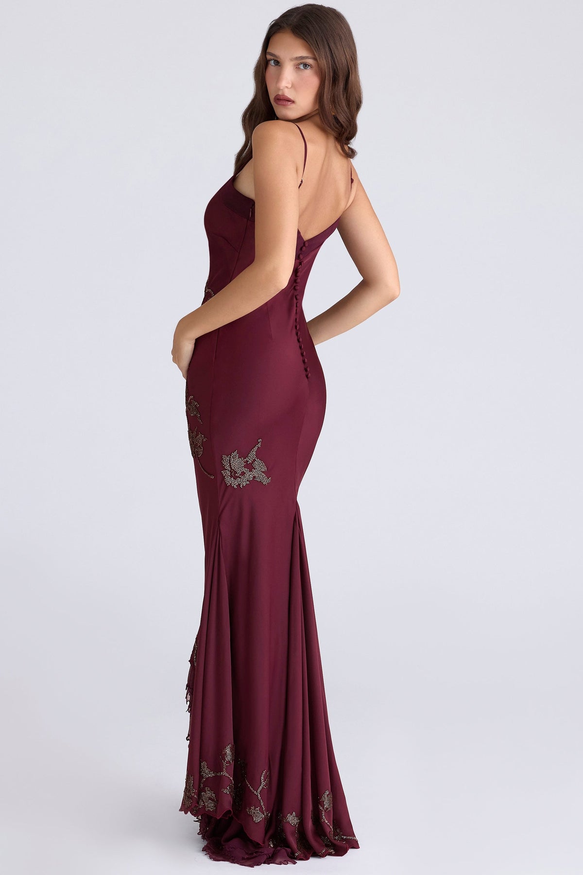 plum hand beaded embellished satin maxi gown - limited edition