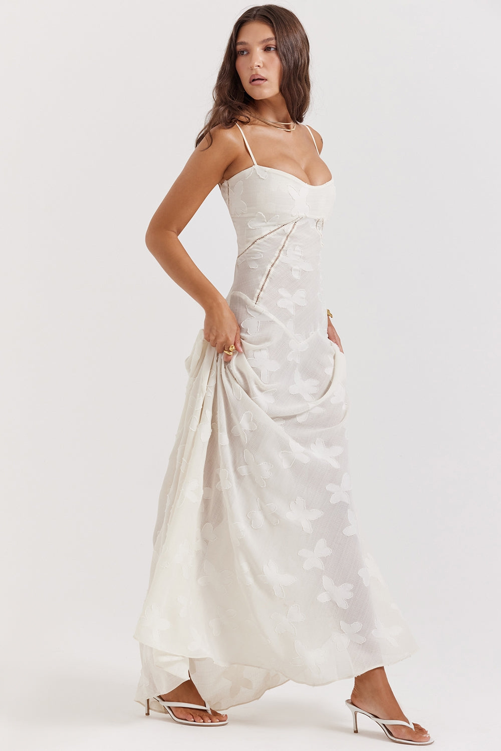 vintage cream floral lace back maxi dress