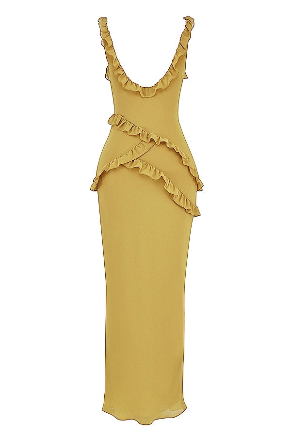 olive ruffle maxi dress