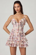 Ruffled Lace-Up A-Line Mini Dress in Primrose Floral Print