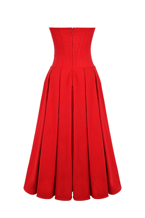 scarlet strapless midi dress