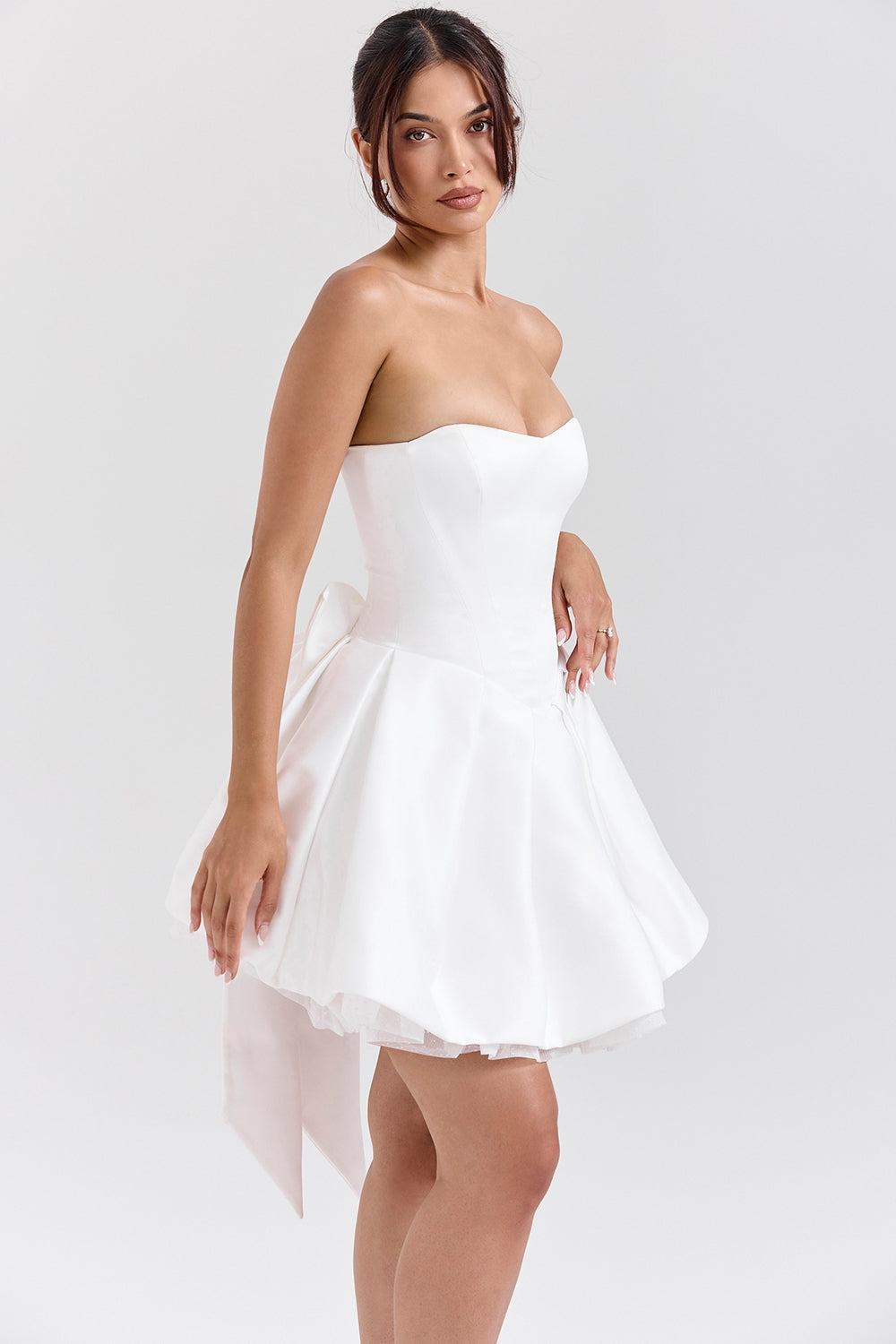 white satin strapless bow mini gown