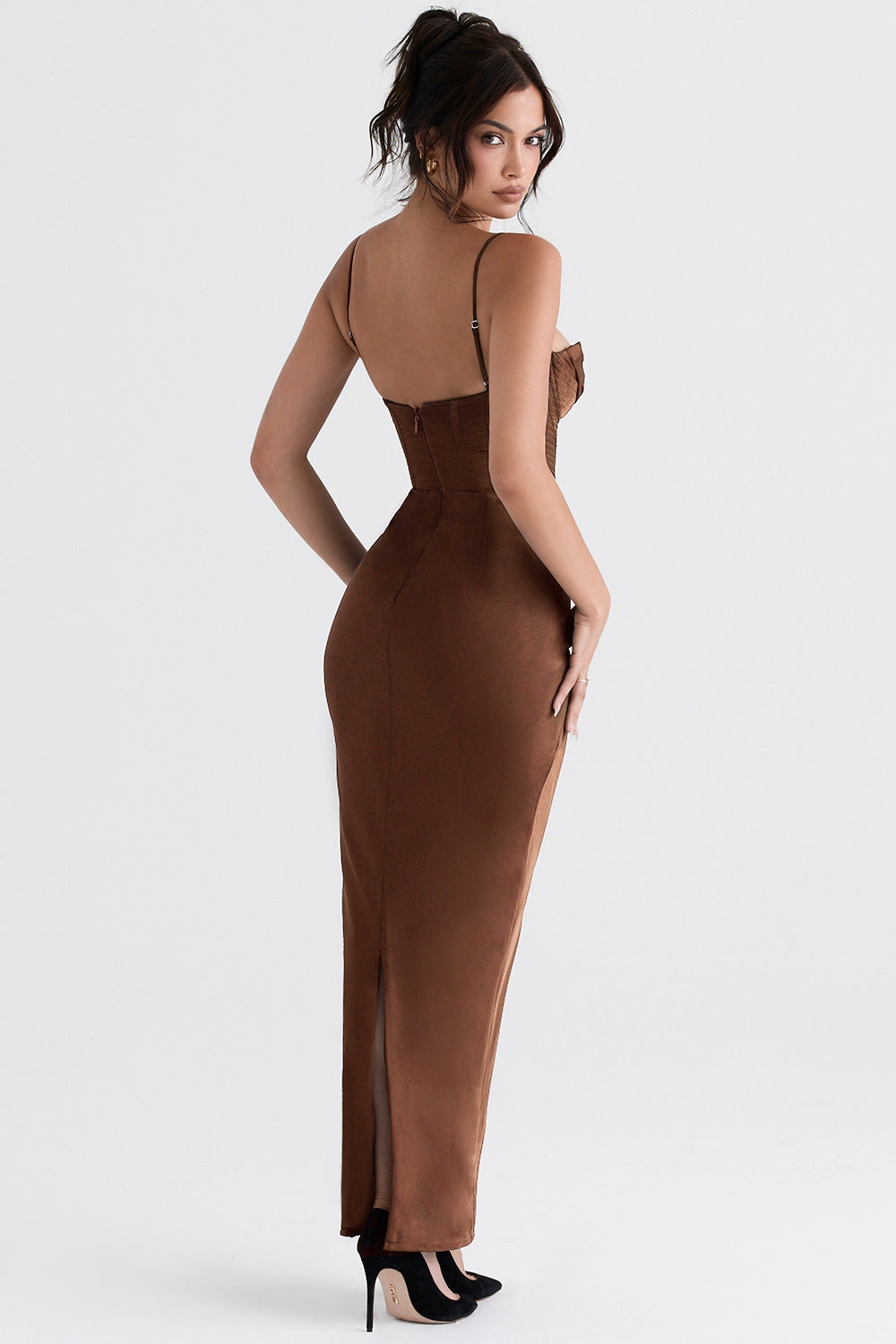 chocolate corset maxi dress