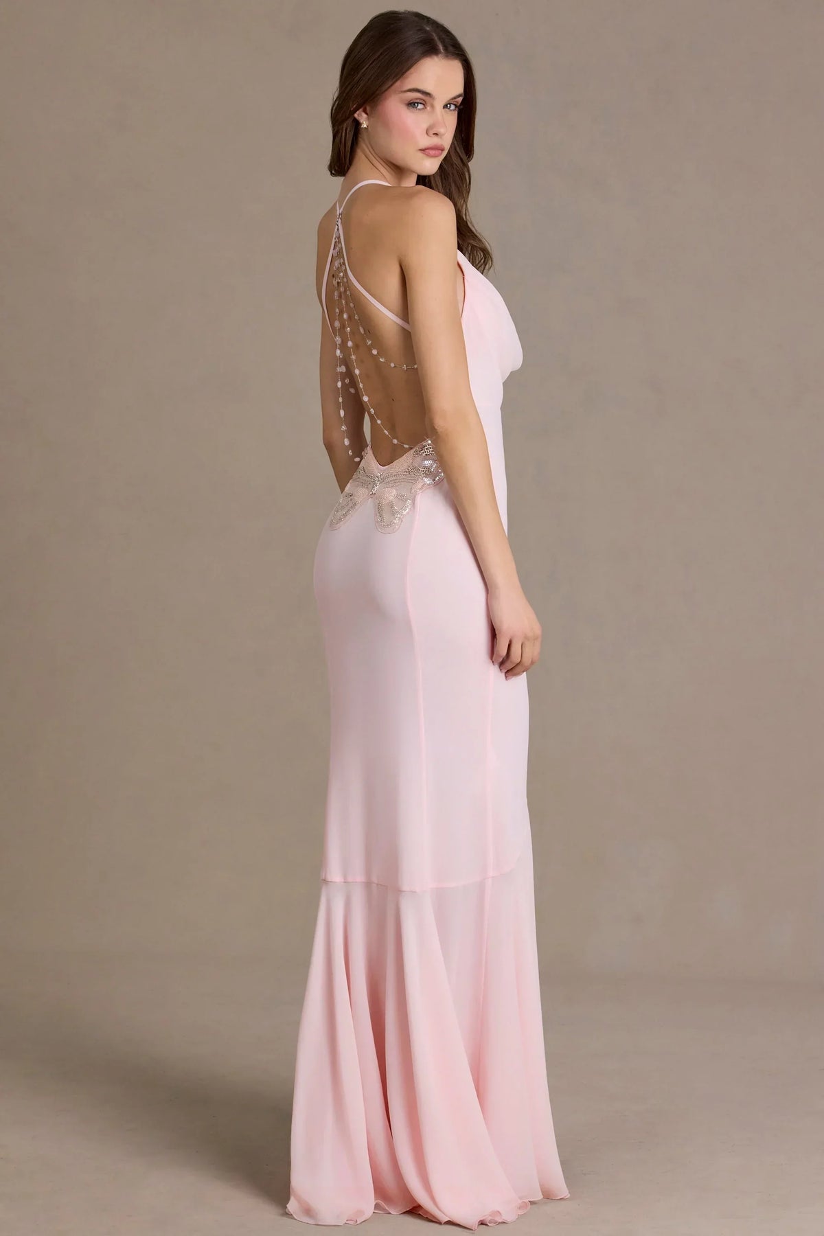 Chiffon Cowl-Neck Open-Back Gown in Baby Pink