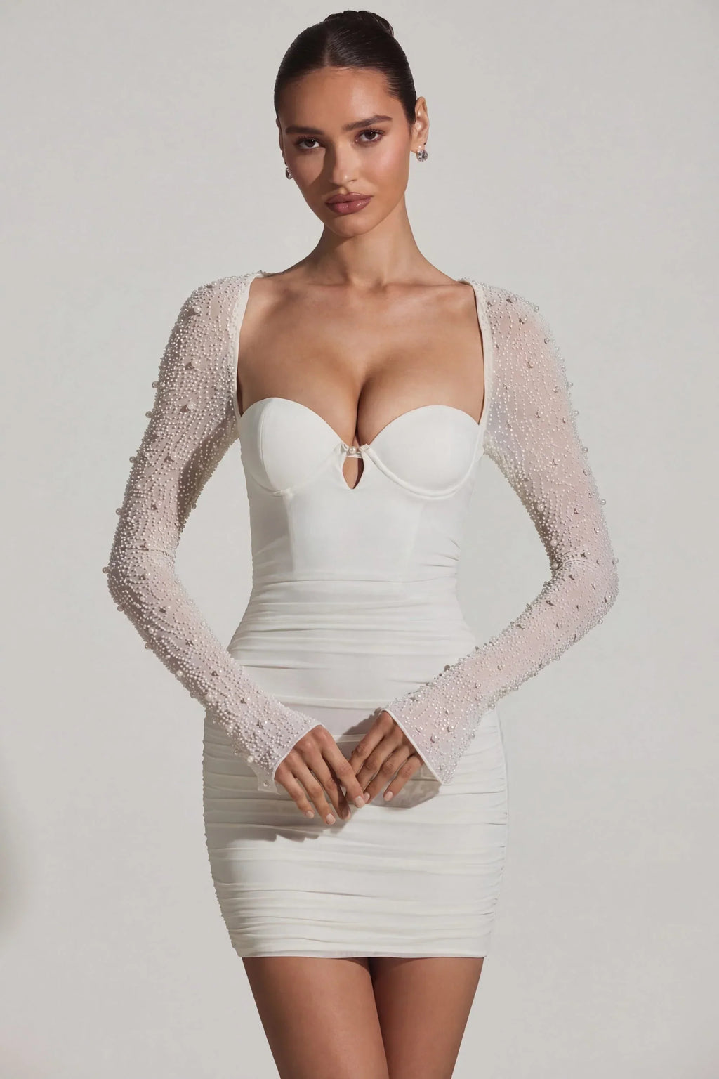 Embellished Long-Sleeve Mini Dress in White
