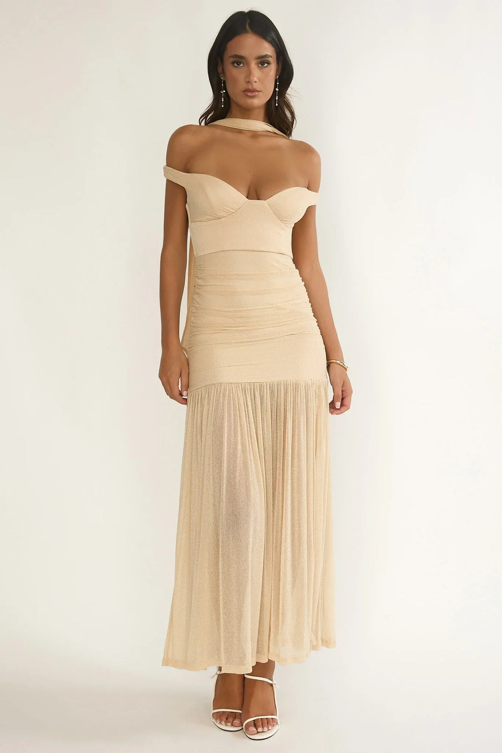 Delora Off-Shoulder Scarf Maxi Dress Beige