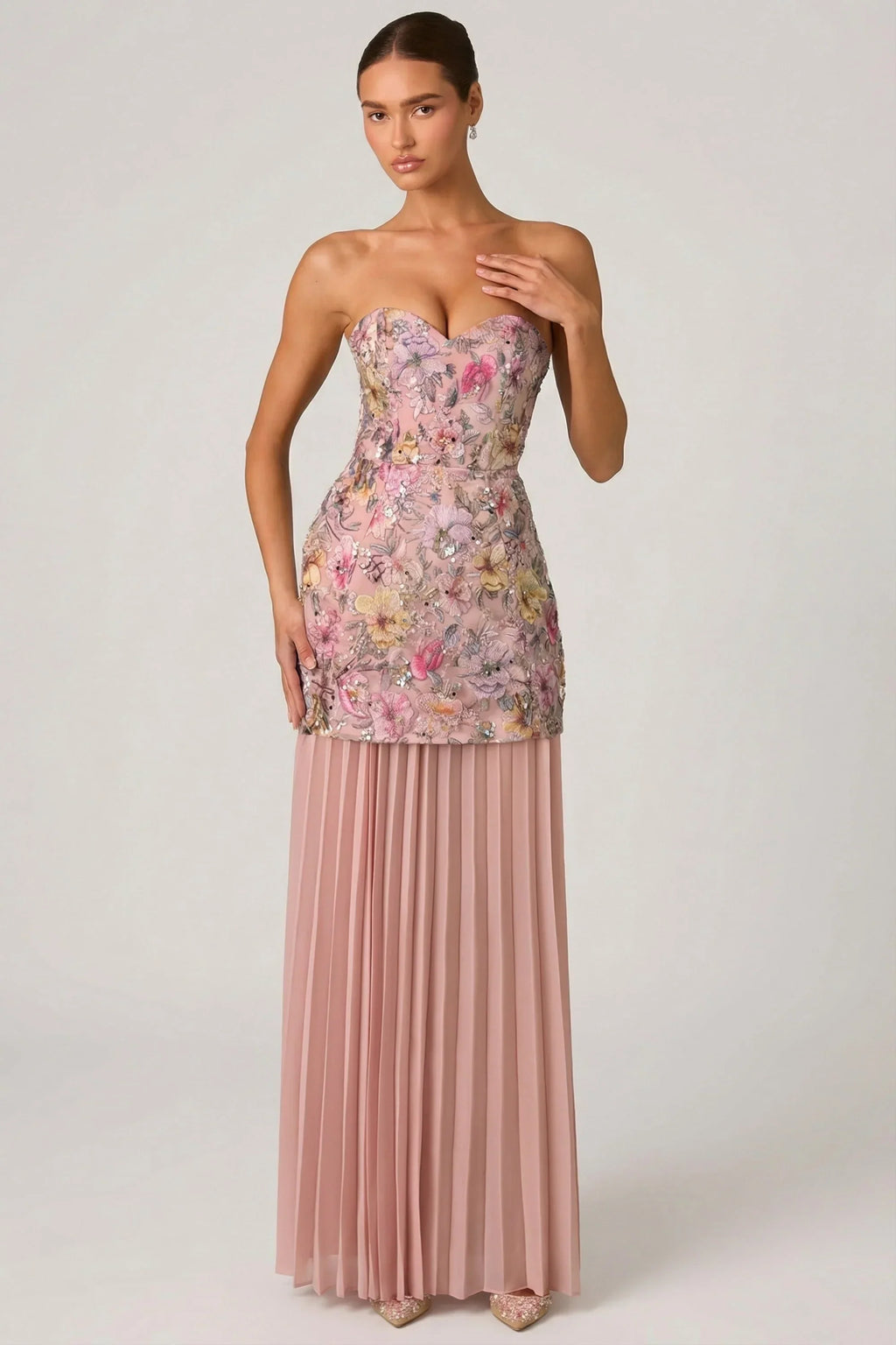 Embellished Convertible Lace-Up Gown in Floral Pink