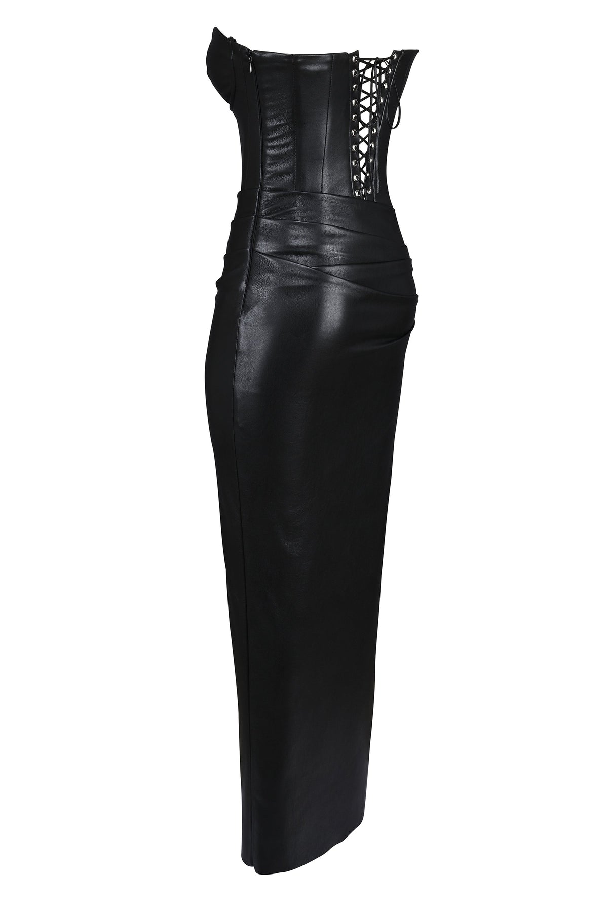 black strapless vegan leather midi dress