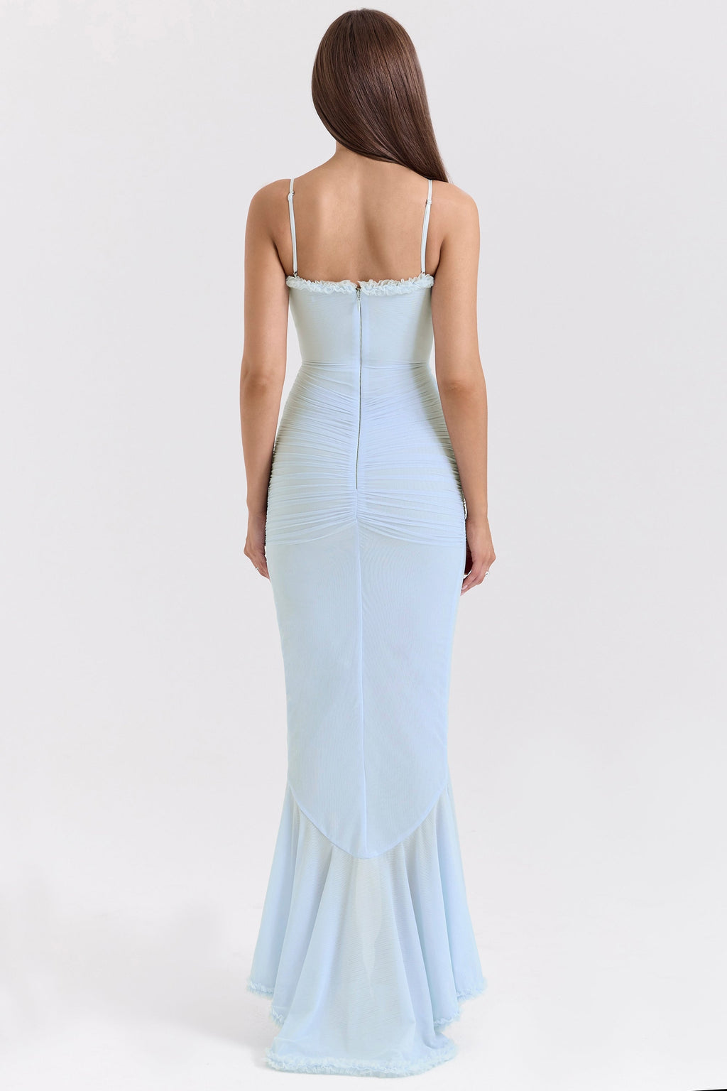 ice blue mesh ruffled front gown