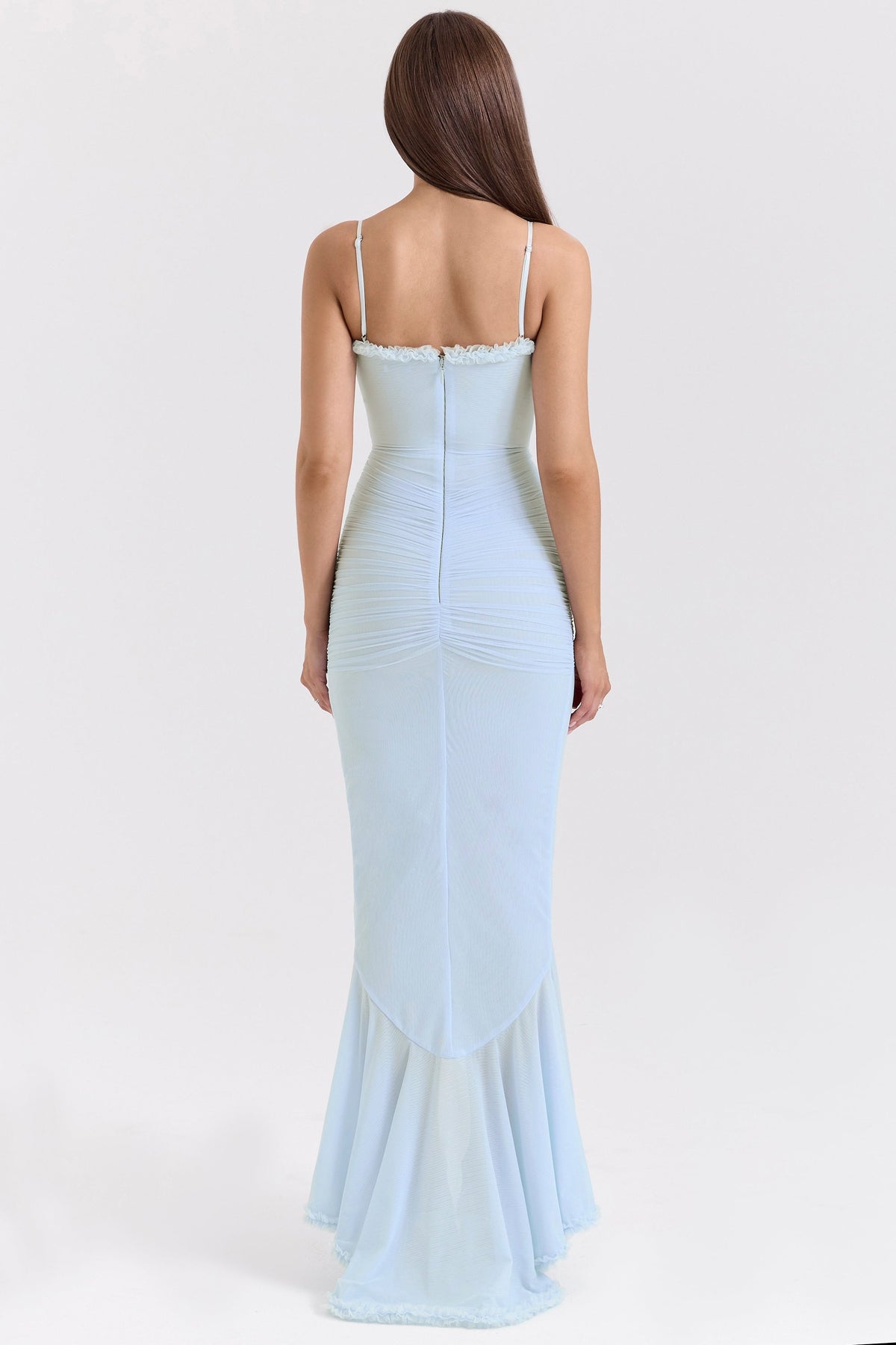 ice blue mesh ruffled front gown