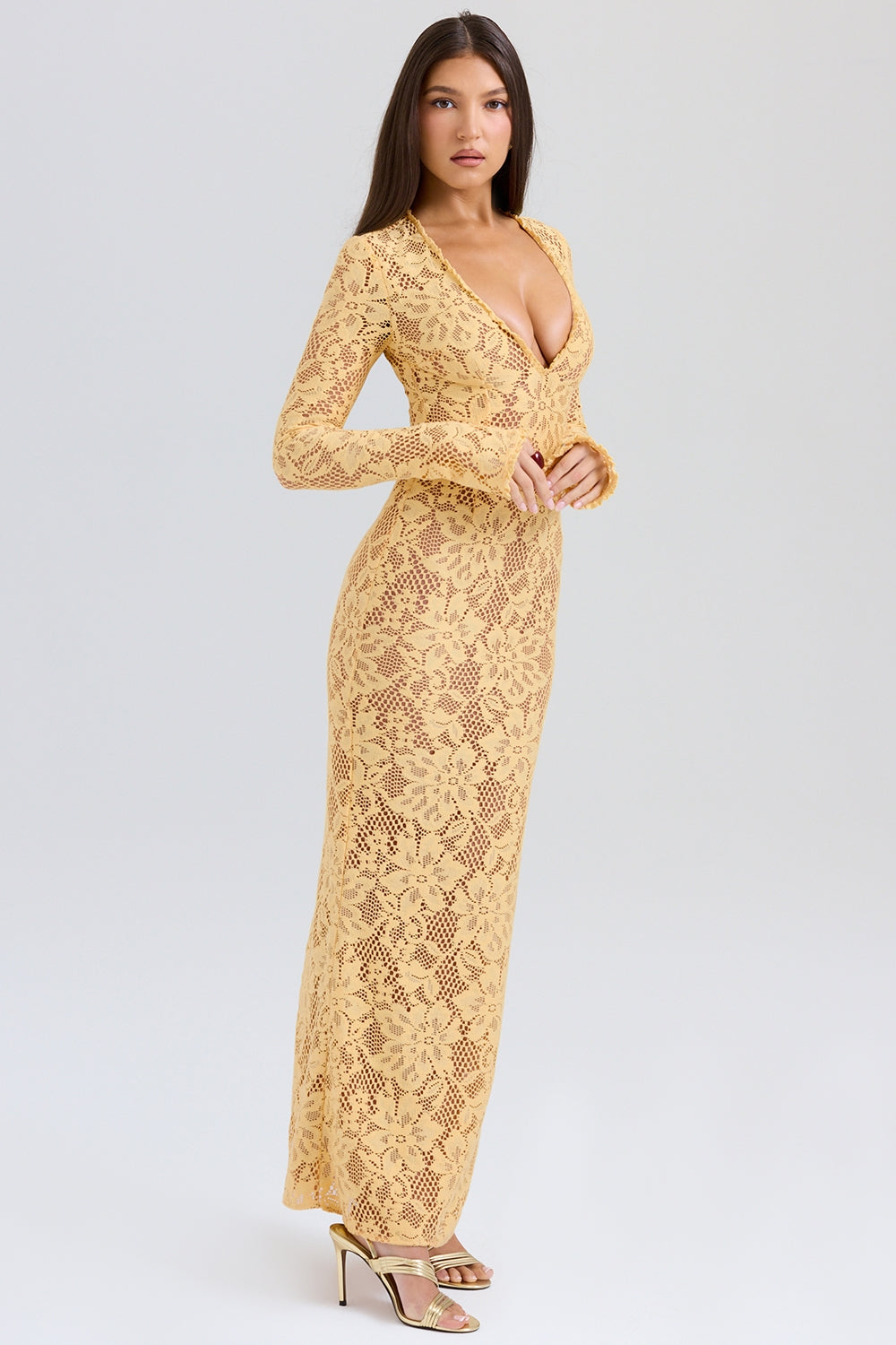 apricot plunge lace maxi dress