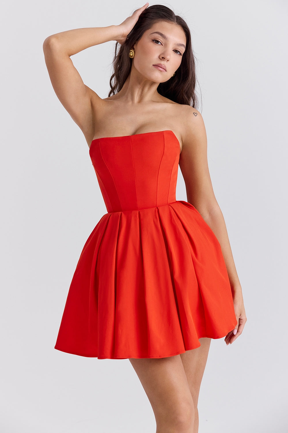 italian tomato strapless pleated mini dress