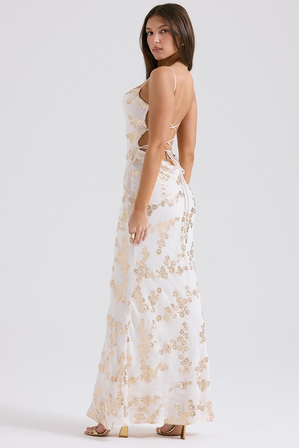 white & gold jacquard satin gown
