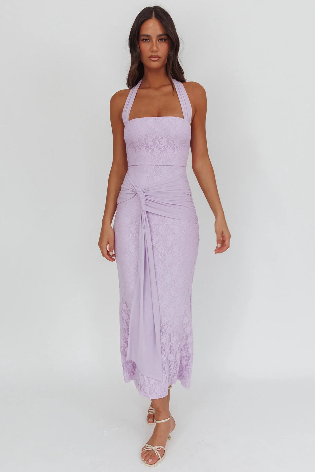 Luli Waist Sash Halter Maxi Dress Lace Lilac