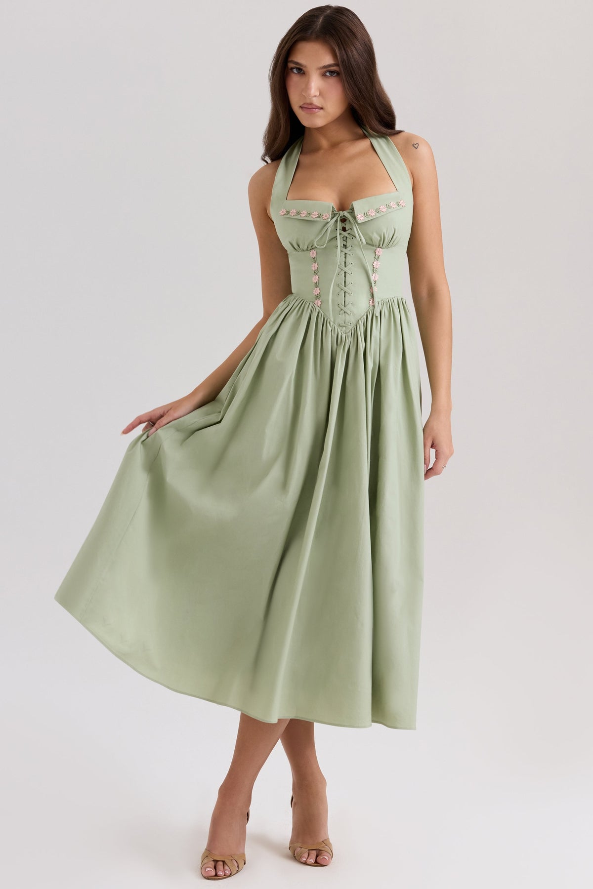 sage stretch cotton halter neck midi dress