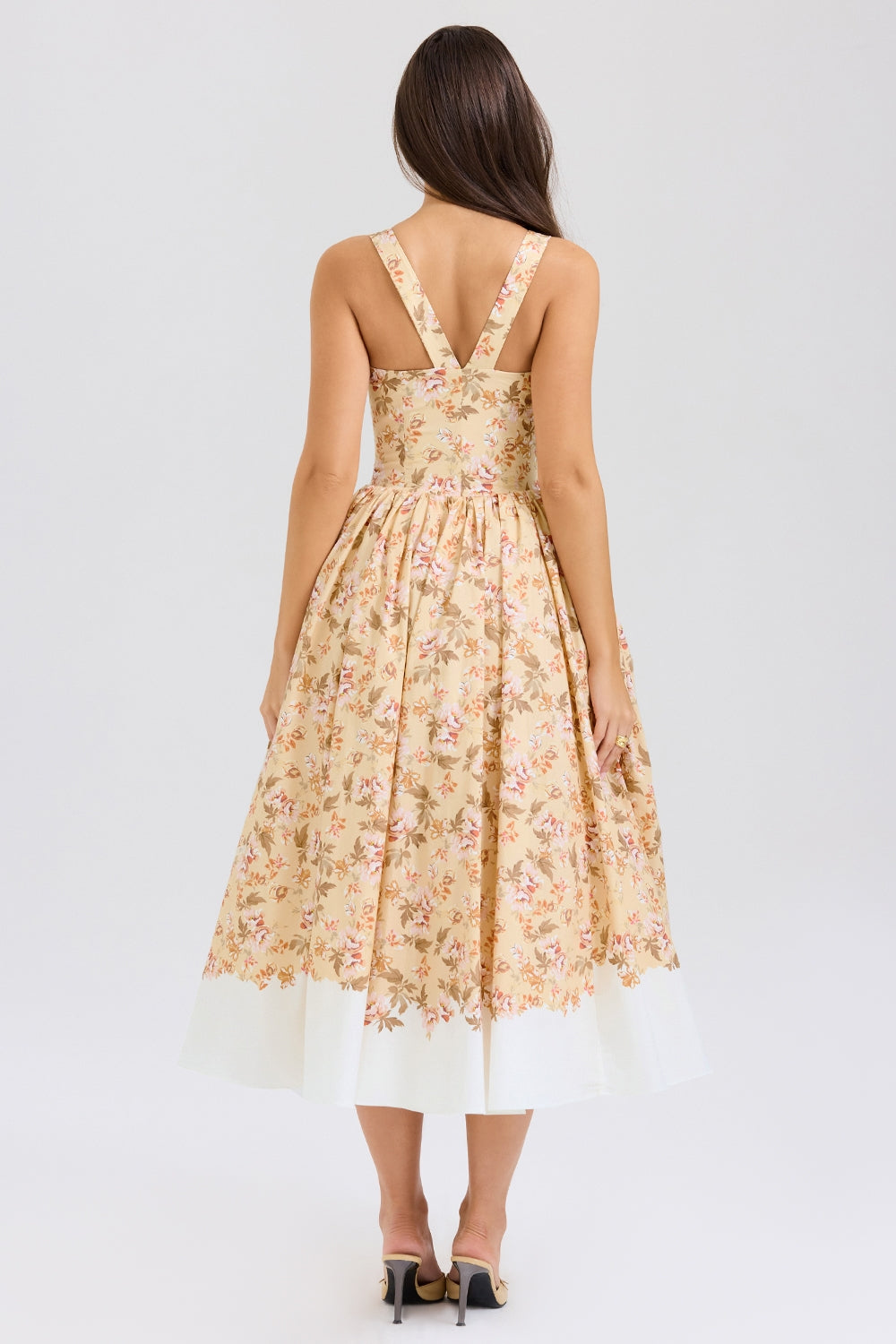 honeyflower print gathered cotton midi dress