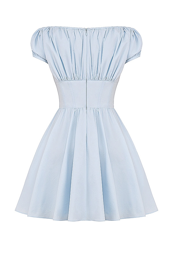 soft blue cotton gathered mini dress