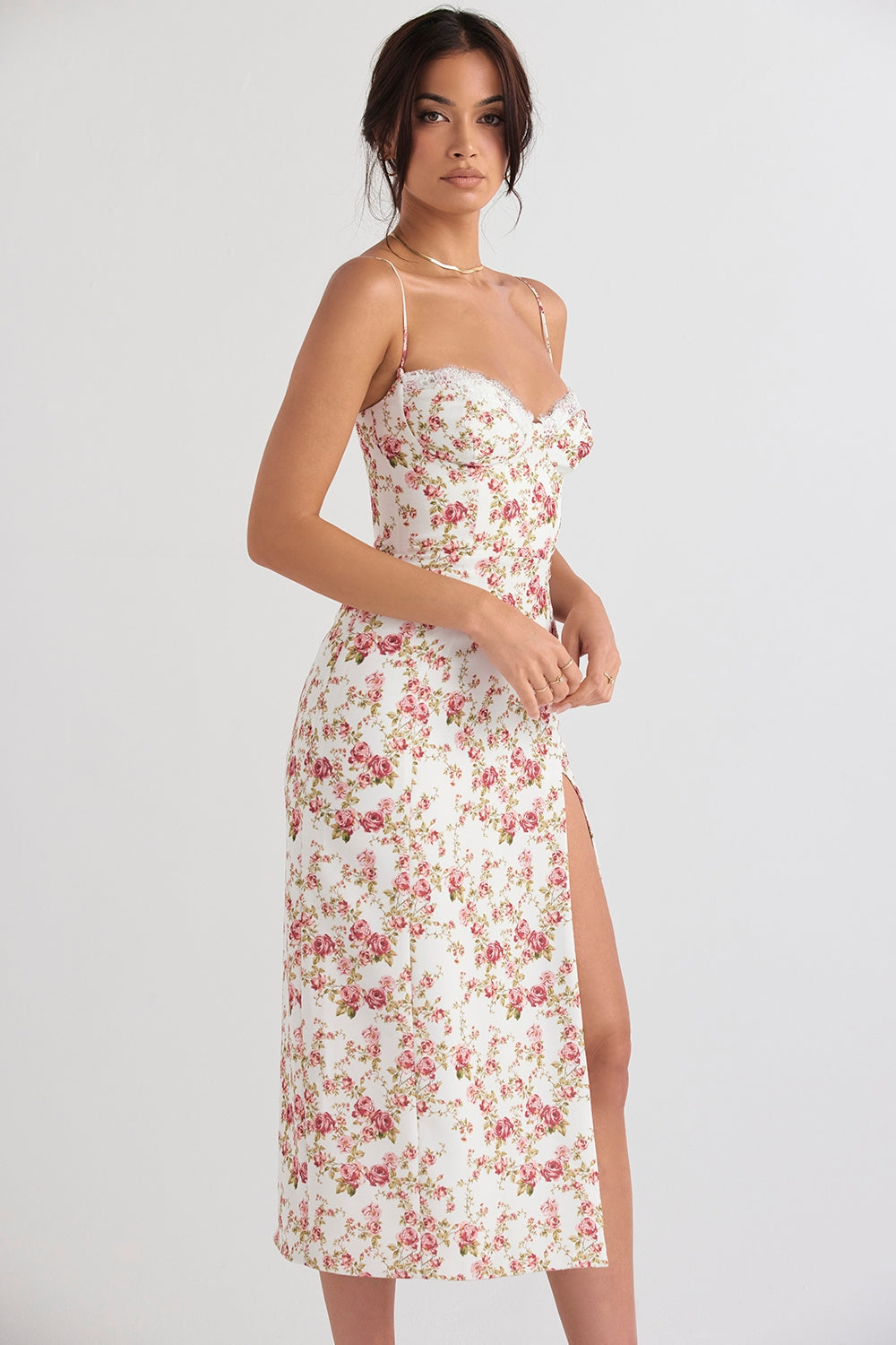 rose print corset midi sundress