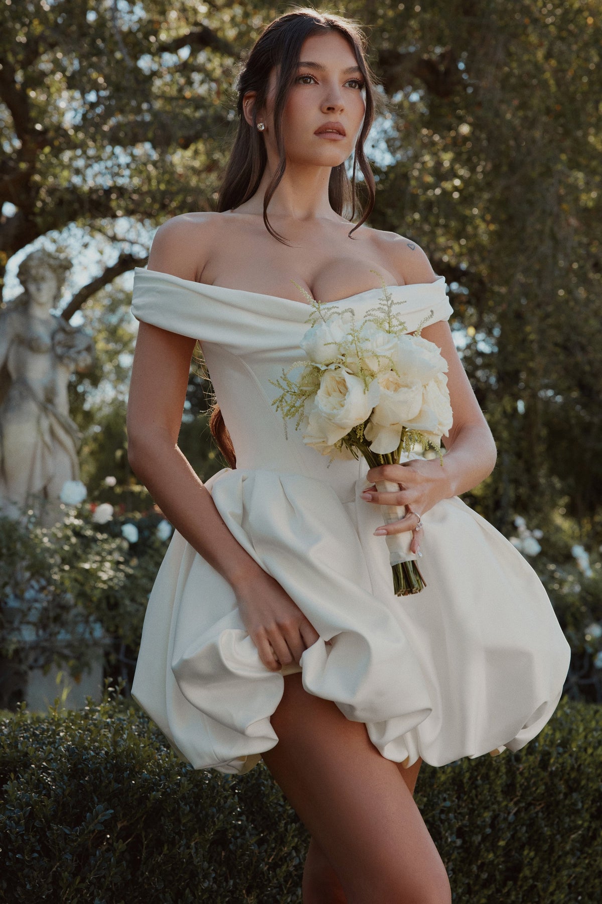 ivory satin off shoulder mini bridal gown