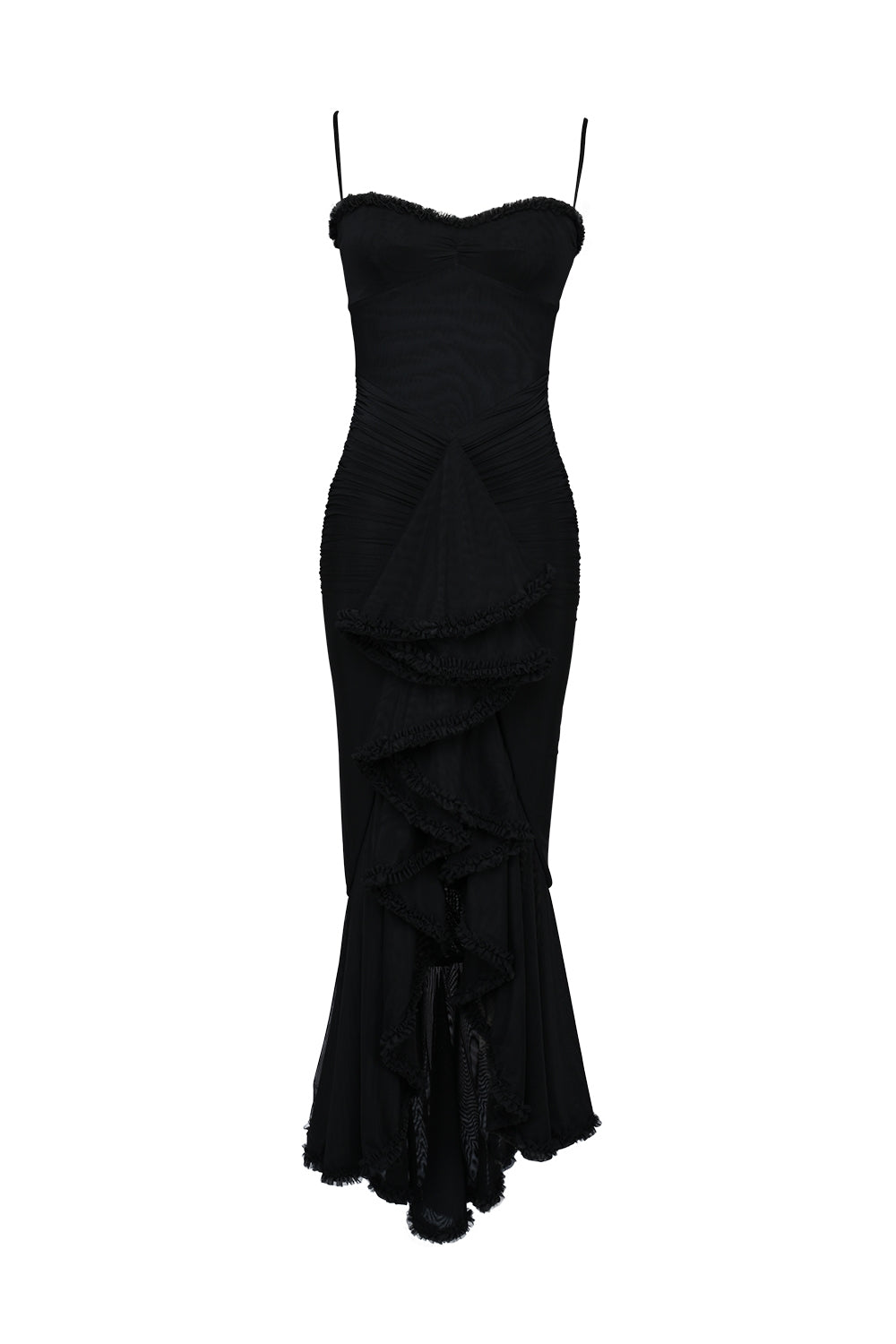 black mesh ruffled front gown