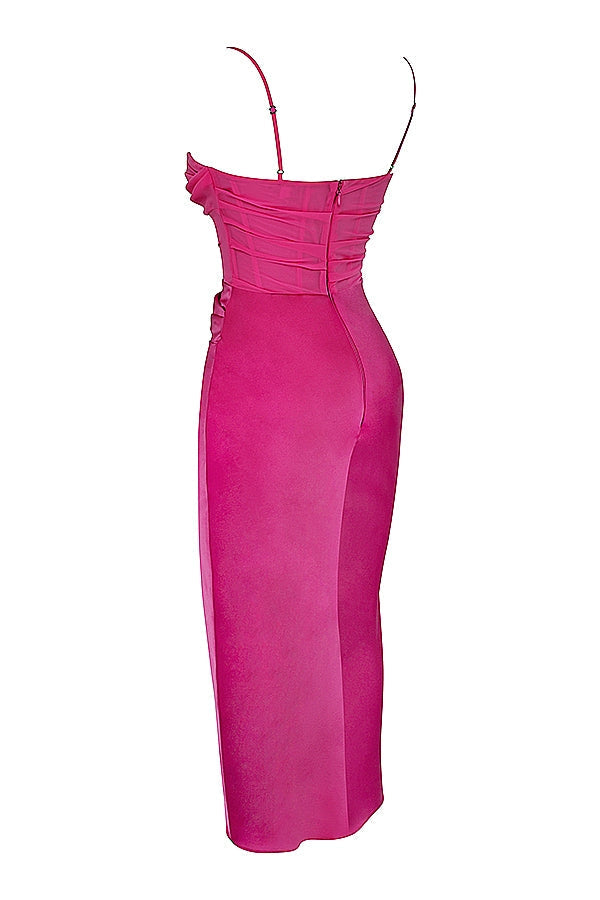 hot pink draped corset midi dress