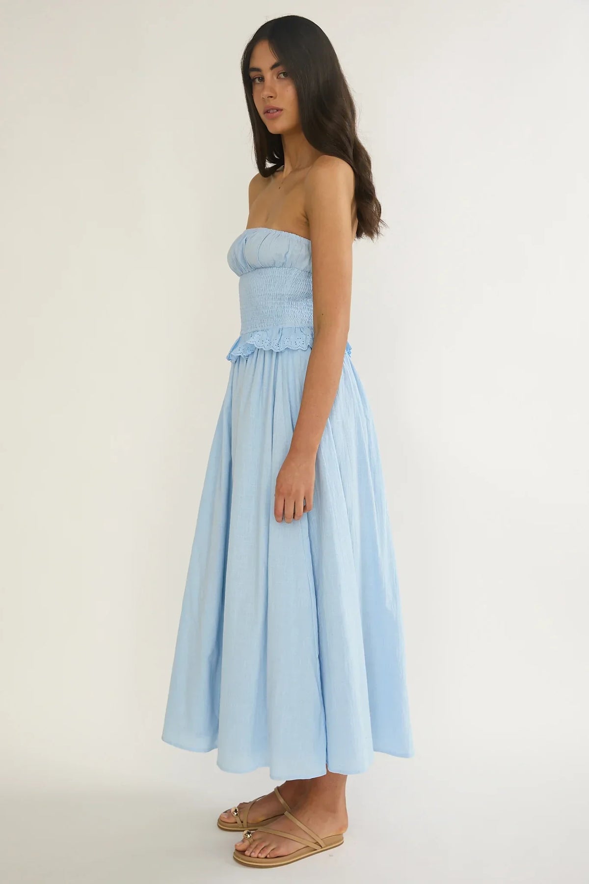 Lija Strapless Shirred Bodice Midi Dress Light Blue