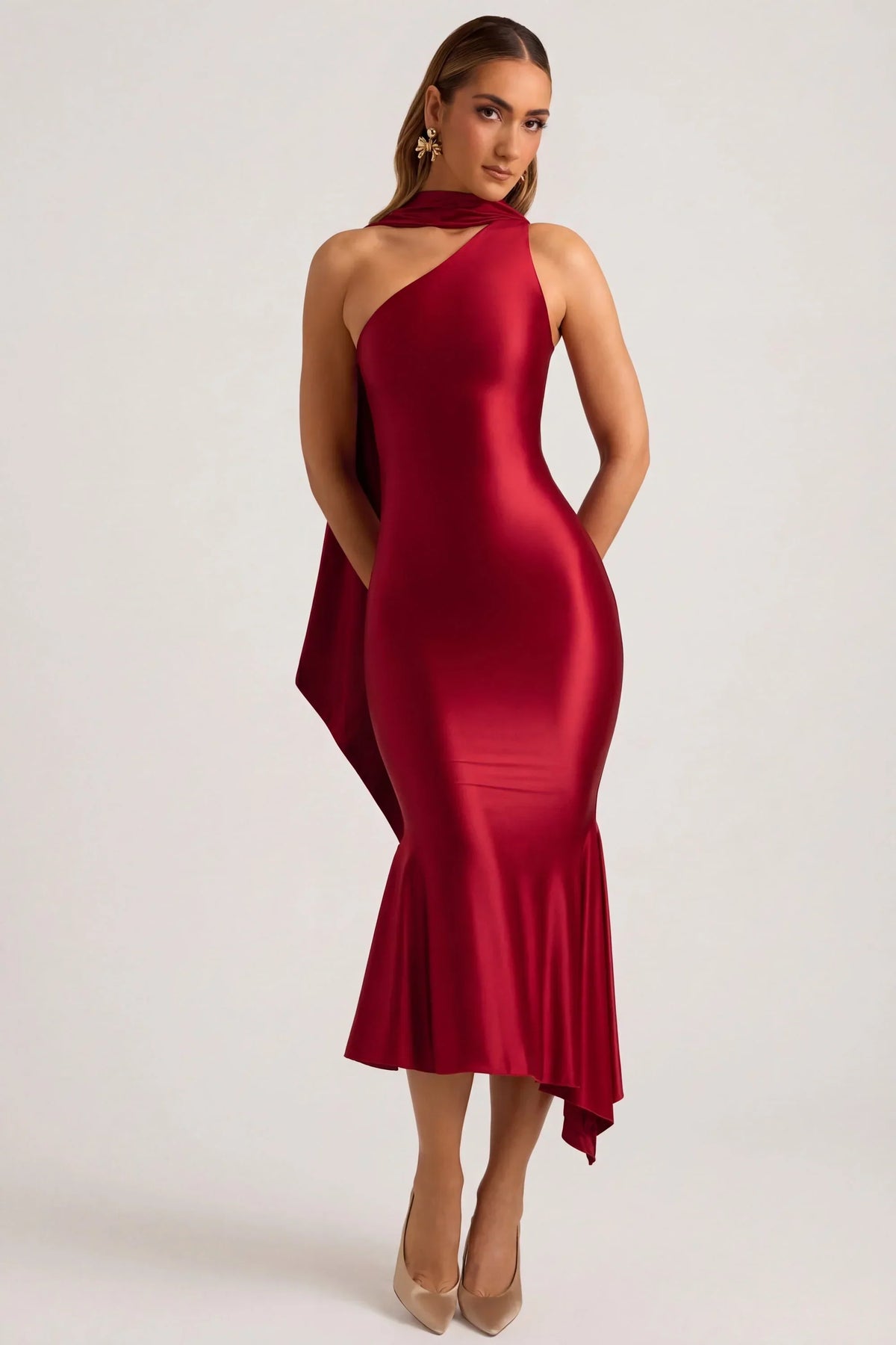 Asymmetric Scarf-Detail Midaxi Dress in True Red