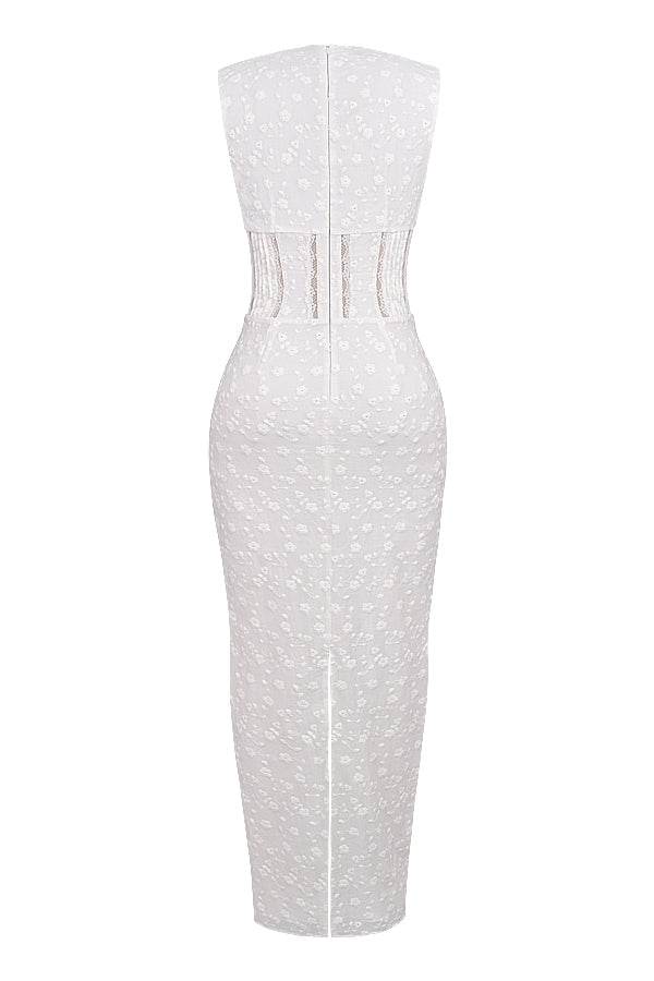 white cotton broderie anglais plunge maxi dress