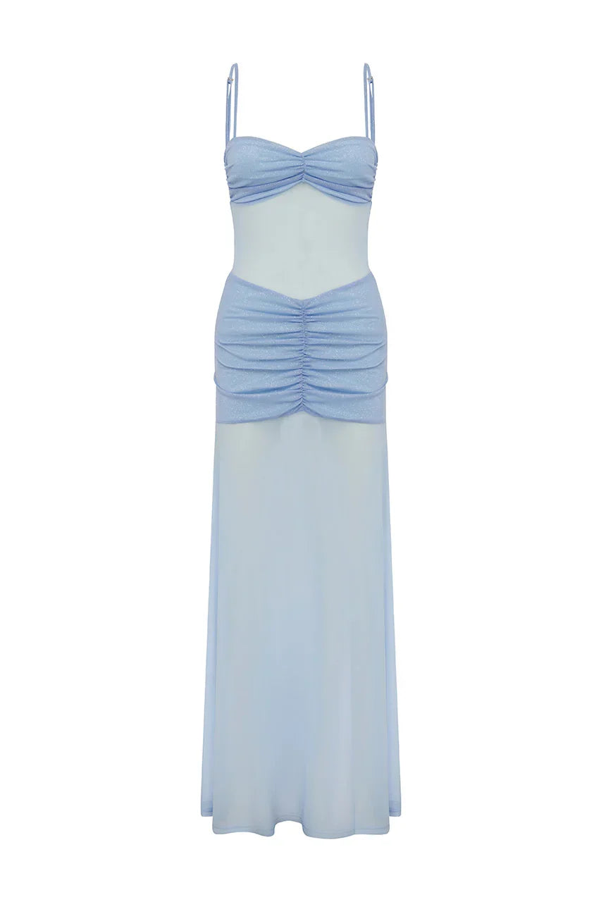 CASSIE GLITTER MESH MAXI DRESS - BLUEBELL