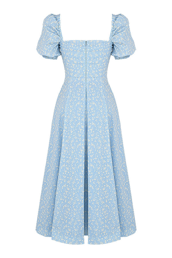 blue ivory floral puff sleeve midi dress