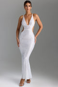 Embellished Cut-Out Backless Maxi Dress in White