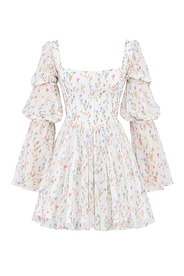 white posy print puff sleeve mini dress