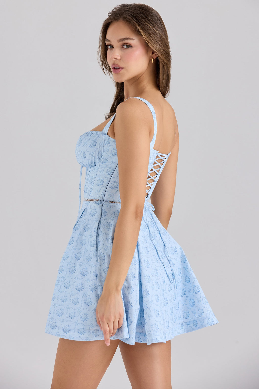 blue floral print stretch cotton mini dress