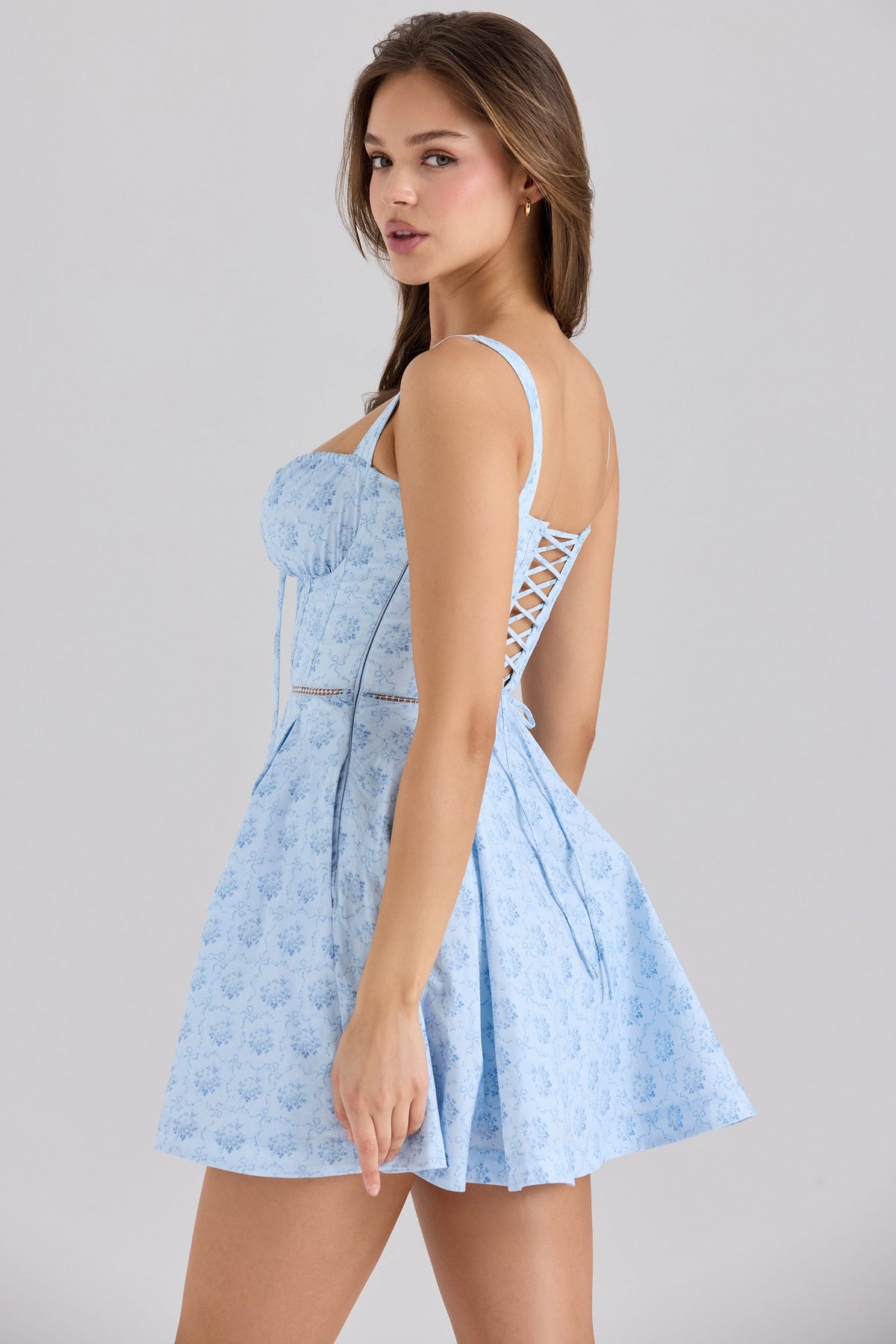 blue floral print stretch cotton mini dress