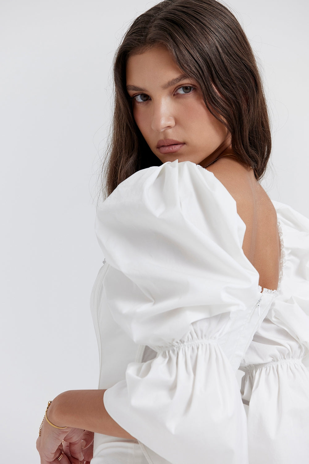 white puff sleeve corset dress