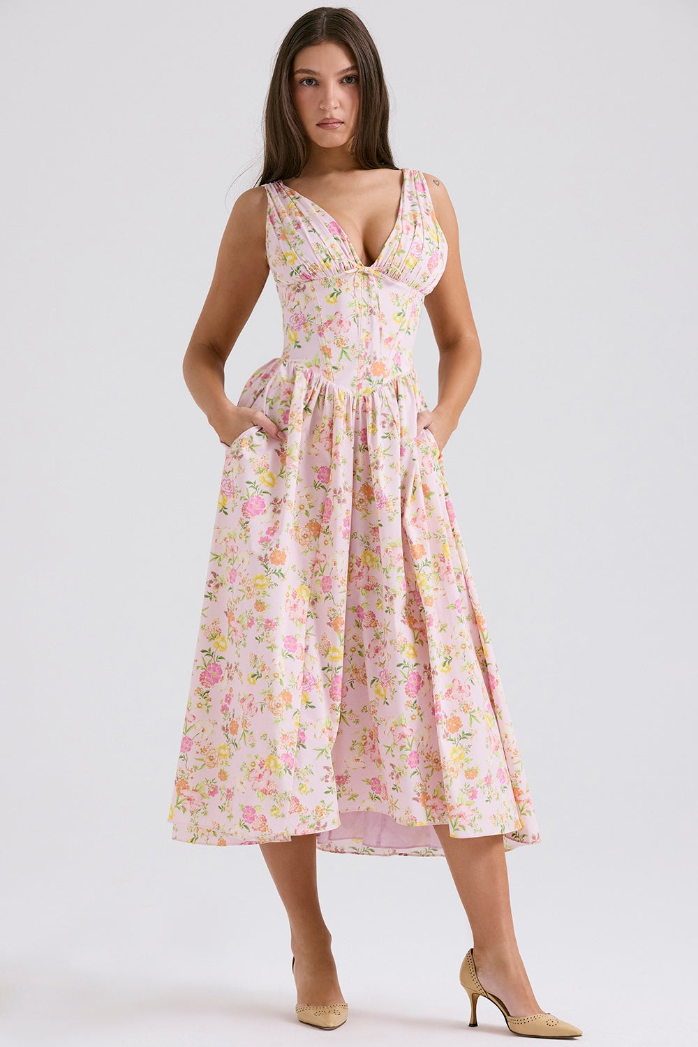pink meadow print cotton corset sundress
